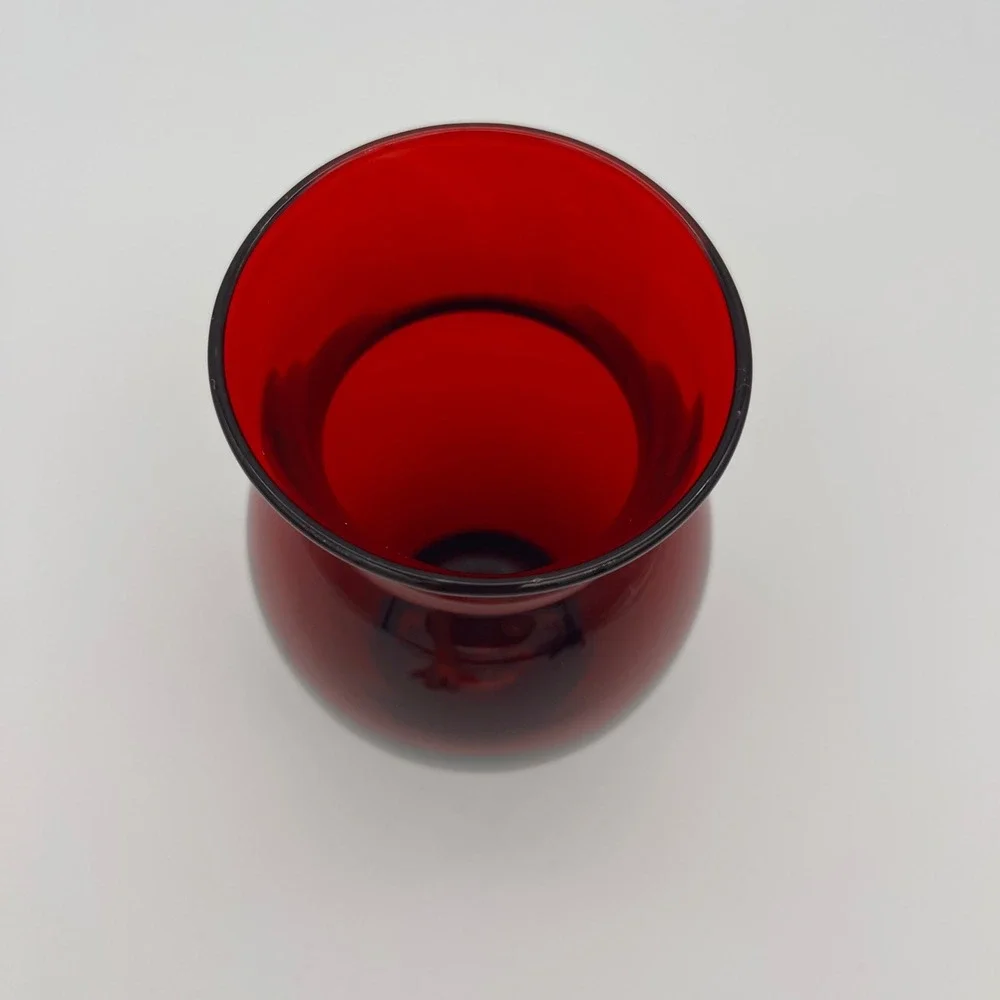 Vintage Ruby Red Glass Vase Urn Shape Flared Rim Pedestal Base Decorative Vessel